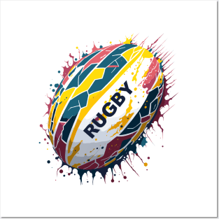 Multicolored rugby ball with paint drops explosion Posters and Art